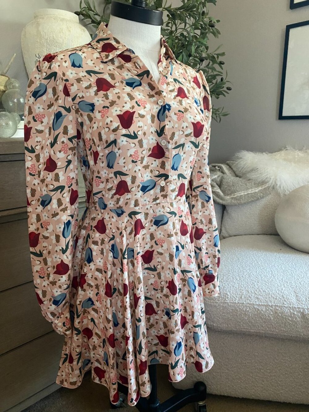 Red Valentino | 100% Silk Floral Albito Mini Dress in Nudo